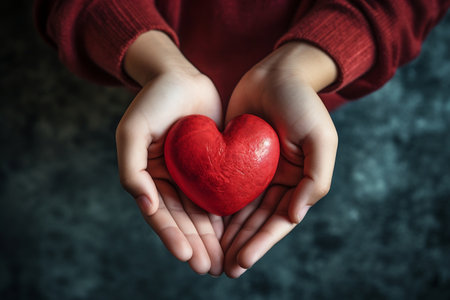 Caring Gesture Child's Hands Holding a Red Heart for Health Care Donationの素材