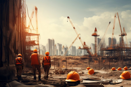 Safe and Productive Construction Site with Workers Wearing Safety Helmetsの素材