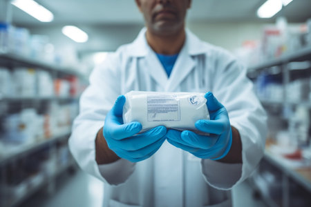 Pharmacist's Touch Closeup of Hand Holding Medicine Box in Pharmacyの素材