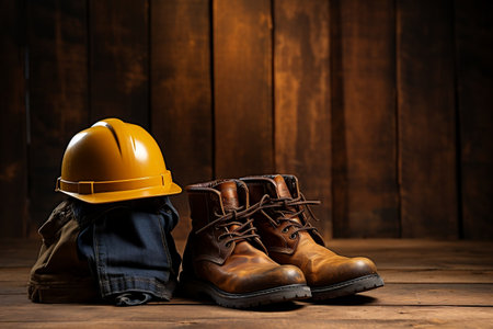 Safety Gear Hard Hat and Boots on a Brown Background for Labor Protection AIの素材