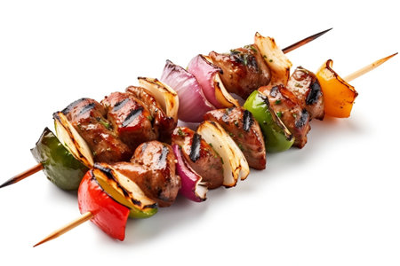 Skewered shish kebab isolated on white backgroundの素材