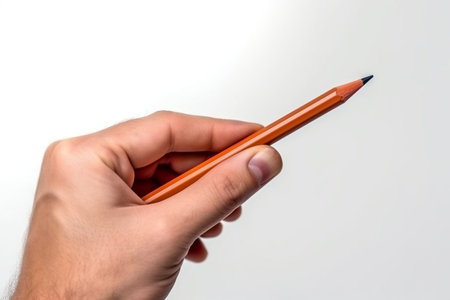 Right hand holding a colored pencil on white background with copy spaceの素材