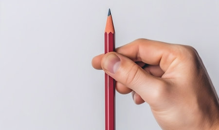Right hand holding a colored pencil on white background with copy spaceの素材