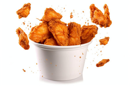 Flying Fried Chicken on Paper Bucket Isolated on White Backgroundの素材