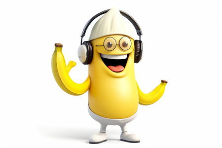 3D Cartoon Character: Cool Banana with Headphones on Transparent Background. AIの素材