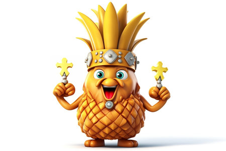 3D Cartoon Character: Pineapple with Crown on Transparent Background. AIの素材