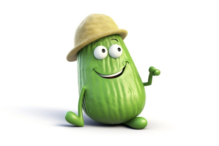 Relaxed Cucumber Cartoon Character with Cool Hat in 3D, Transparent Background. AIの素材