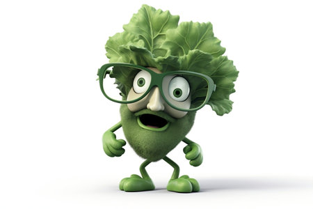 3D Cartoon Character: Wise Kale Leaf with Glasses on Transparent Background. AIの素材