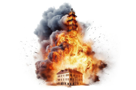 Burning Building with Fire Explosion, Isolated on a Transparent Background. AIの素材