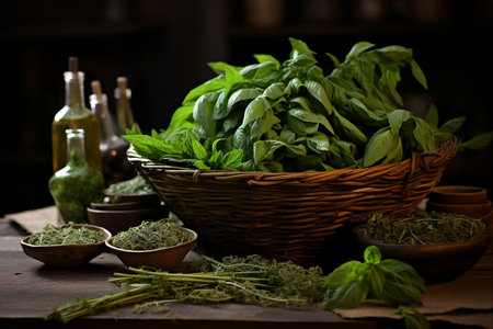 Herb Collection Adorned in a Basket. AIの素材