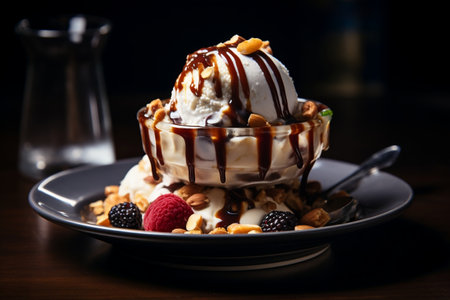 Ice Cream Sundae with Chocolate Sauce and Nuts. AIの素材