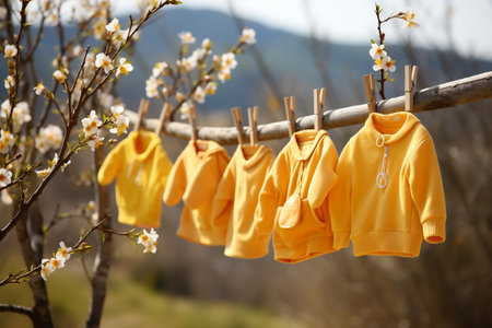 Vibrant Outdoor Display of Yellow Baby Clothes on Hanging Rope. AIの素材