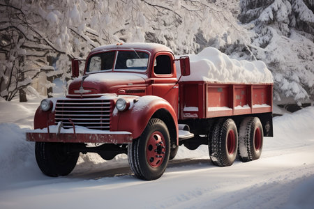 Vibrant Red Truck Equipped with Snow Plow. AIの素材