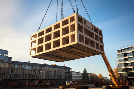 Elevating a Timber Building Module with a Crane. AIの素材