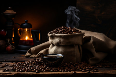 Fresh Roasted Coffee Beans and Steaming Cup. AIの素材