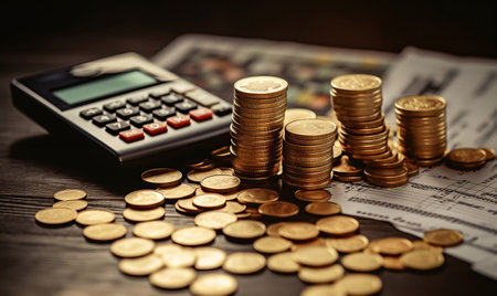 An Illustration of Finance and Investment Background. Coins and Calculations. AIの素材