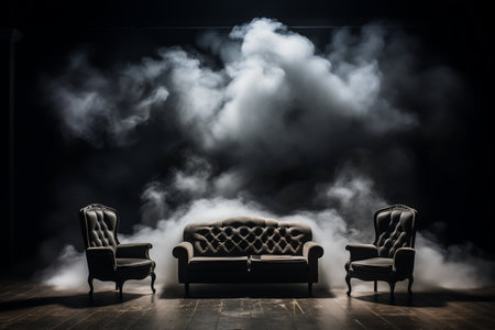 Smoke Rising from Couch in Dark Room with White Lightの素材