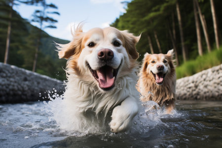 Two Dogs Splashing Joyfully in a Riverの素材