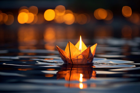 Candlelight Drift An Origami Boat on the Water. AIの素材