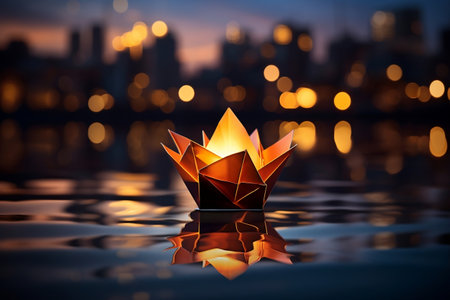 Candlelight Drift An Origami Boat on the Water. AIの素材