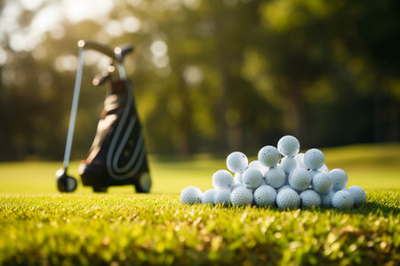 Golf Essentials Ball, Club, and Bag on Green Grass. AIの素材