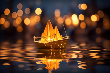 Candlelight Drift An Origami Boat on the Water. AIの素材