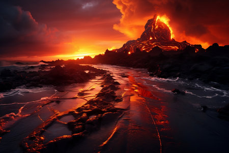 Majestic Volcano: A Captivating Sunset with Lava Flow. AIの素材