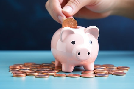 Hand Placing Coin in Blue Piggy Bank. AIの素材