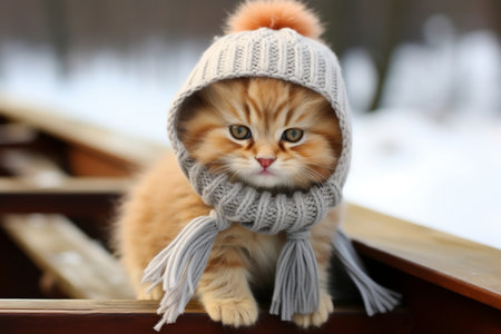 Adorable Kitten in Scarf and Hat. AIの素材