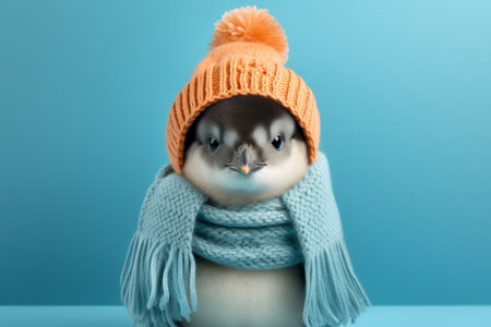 Adorable Baby Penguin in Hat and Scarf on Blue Background. AIの素材