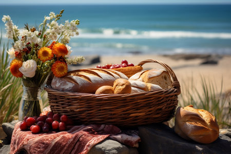 Beach Picnic Basket with Bread and Fruits. AIの素材