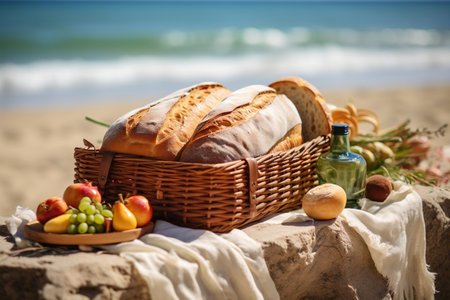 Beach Picnic Basket with Bread and Fruits. AIの素材