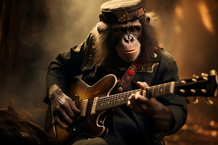 Chimpanzee Musician Rocking Guitar in Band. AIの素材