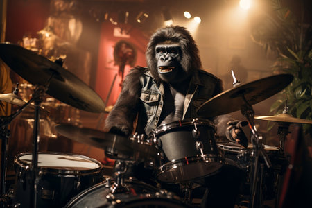 Gorilla Musician Drumming in a Band. AIの素材