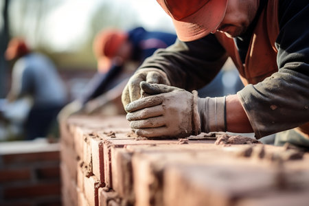 Close-Up of a Bricklayer Cementing a Brick Wall with Their Hand. AIの素材