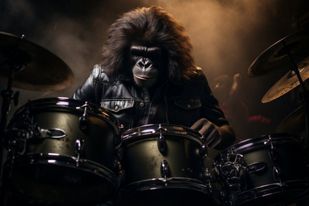 Gorilla Musician Drumming in a Band. AIの素材
