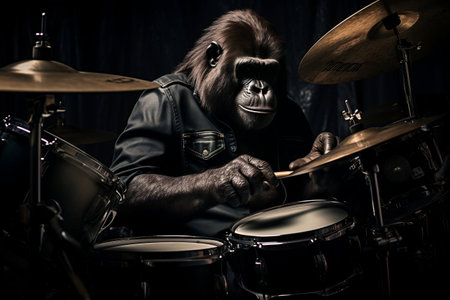 Gorilla Musician Drumming in a Band. AIの素材