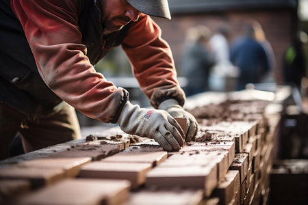 Close-Up of a Bricklayer Cementing a Brick Wall with Their Hand. AIの素材