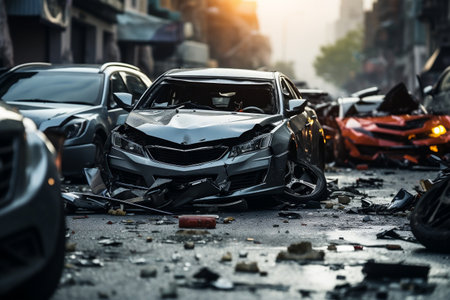 City Street Car Collision: Heavy Road Accident, Road Safety & Insurance Concept. AIの素材