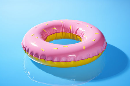 Inflatable Pink and Yellow Donut Ring Floating on Blue Background. AI. AIの素材