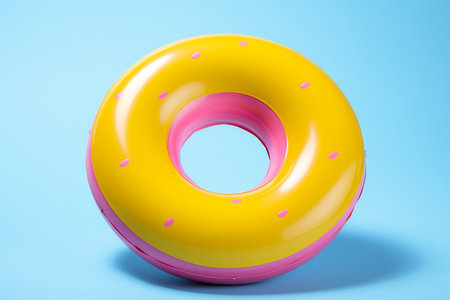 Inflatable Pink and Yellow Donut Ring Floating on Blue Background. AI. AIの素材