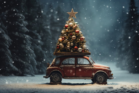 Car Carrying Christmas Tree in Snowfall. AIの素材