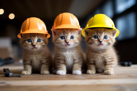 Small Kittens Wearing Construction Hats in a Group. AIの素材