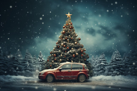 Car Carrying Christmas Tree in Snowfall. AIの素材