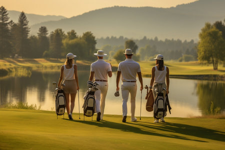 Diverse Golfers with Golf Clubs Walking on Golf Course (Rear View). AIの素材