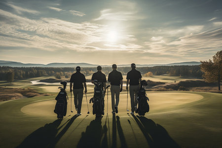 Diverse Golfers with Golf Clubs Walking on Golf Course (Rear View). AIの素材
