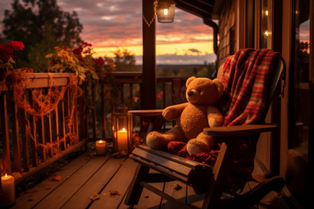 Teddy Bear Enjoying Beautiful Sunset from Rocking Chair on Front Porch. AIの素材