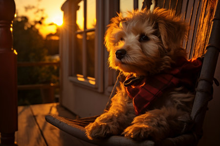 Teddy Bear Enjoying Beautiful Sunset from Rocking Chair on Front Porch. AIの素材