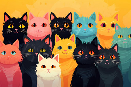 Cute Cats with Colored Pastel Hair, Isolated on an Orange Background. AIの素材