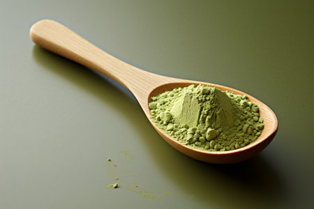Green Tea Powder in Wooden Spoon on Clear Background. AIの素材